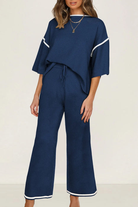 Navy Blue and White Casual Knit Two-Piece Lounge Set - Short Sleeve Top & Wide Leg Pants