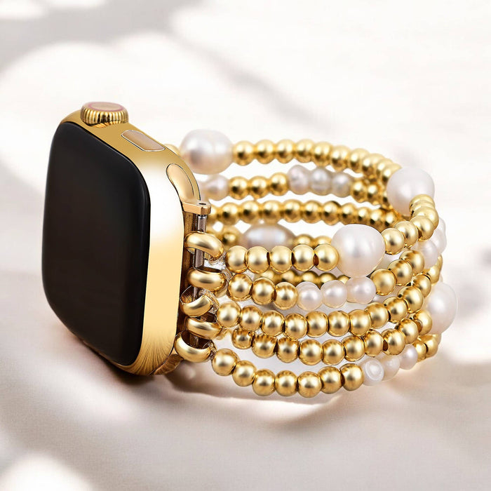 Gold and Pearl Stretch Apple Watch Bracelet Band Strap. Water Resistant. Compatible with 38mm - 45mm Watch Face.