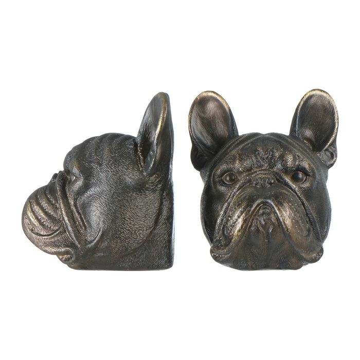Resin French Bulldog Head Shaped Bookends, Antique Bronze Finish, Set of 2
