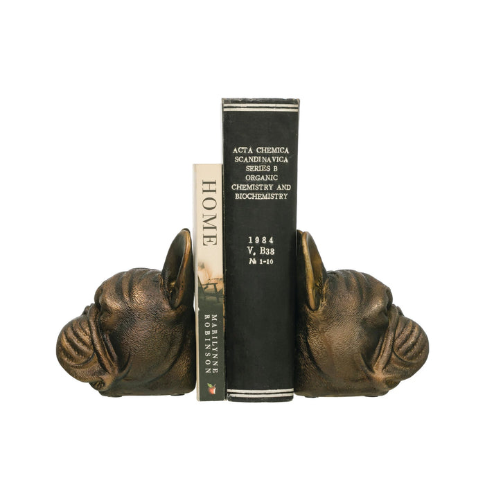 Resin French Bulldog Head Shaped Bookends, Antique Bronze Finish, Set of 2
