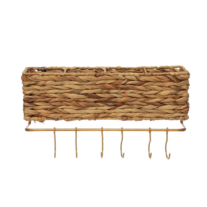 Hand-Woven Straw & Metal Wall Basket w/ 4 Sections & 6 Hooks, Natural & Brass Finish