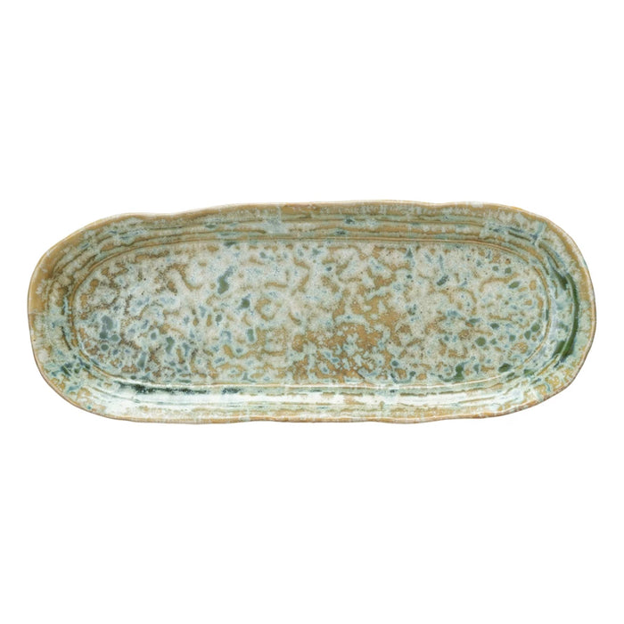Stoneware Platter, Reactive Crackle Glaze, Green (Each One Will Vary)