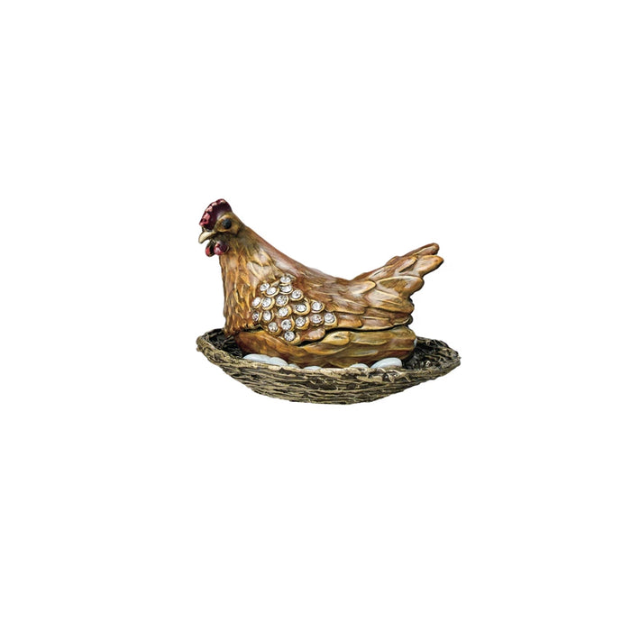 Enameled Metal Hen on Nest Shaped Trinket Box w/ Jewels, Gold Finish & Multi Color