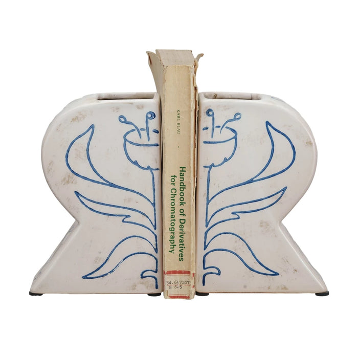 Hand-Painted Terra-cotta Vases/Bookends w/ Flower Image, Cream Color & Blue, Set of 2