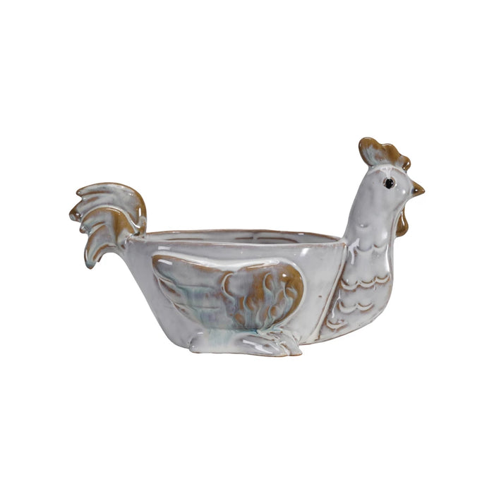 Stoneware Chicken Shaped Sponge Holder/Soap Dish, Reactive Glaze, White (Each One Will Vary)