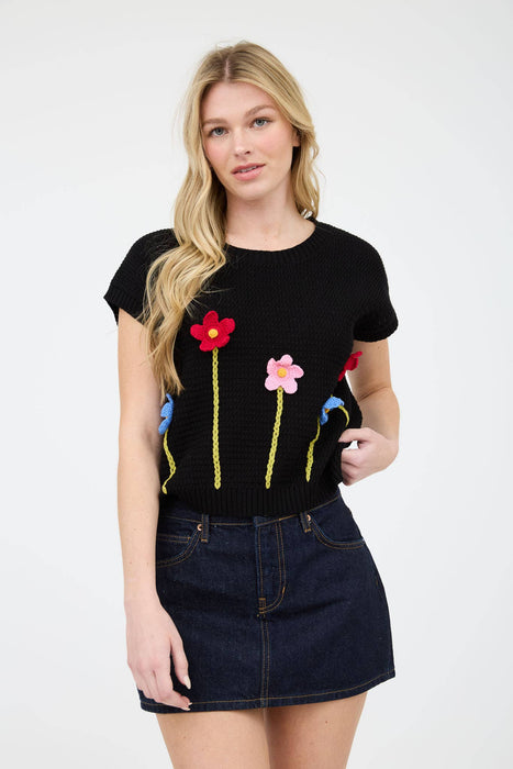 3d Floral Crochet Short Sleeve Sweater