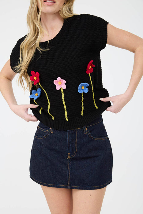 3d Floral Crochet Short Sleeve Sweater