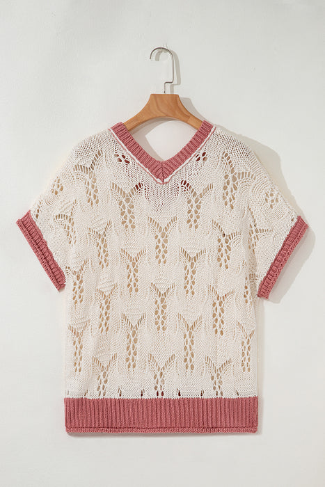 Embroidered Flowers Colorblock Crochet Knit Top