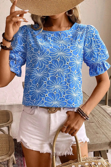 Blue Floral Eyelet Puff Sleeve Blouse