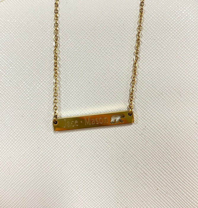Bar Necklace with a MAMA BEAR Cut Out. Custom Name or Text Included.