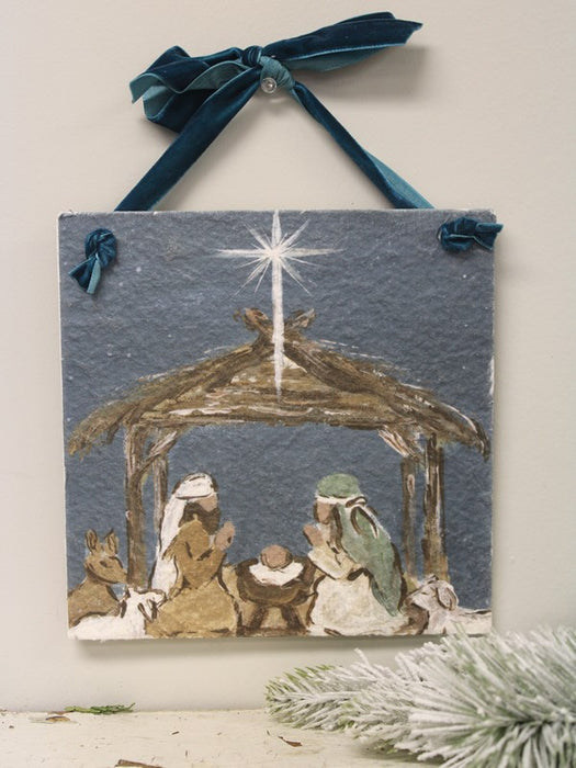 8x8" Teal Nativity Textured Ornament with Ribbon