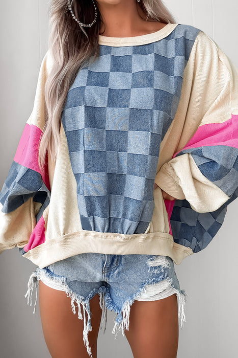 Checkered Denim & Knit Mix N Match Oversized Sweatshirt