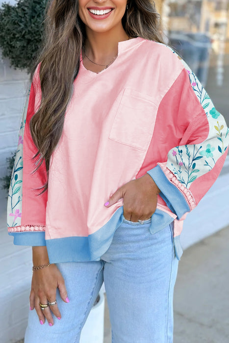 Stylish Colorblock Floral Patchwork Long Sleeve Top with Pocket