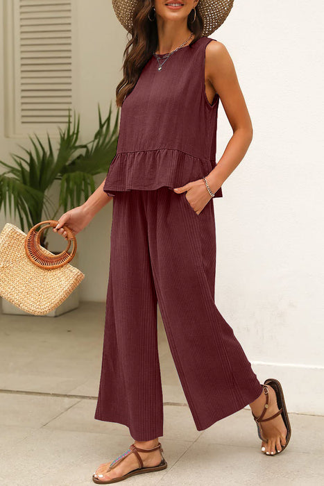 Women's Ribbed Ruffle Tank Top & Wide-Leg Trouser Set