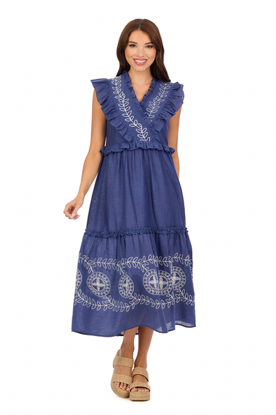 Radford Embroidered Midi Navy Dress by Mudpie. Medium Only