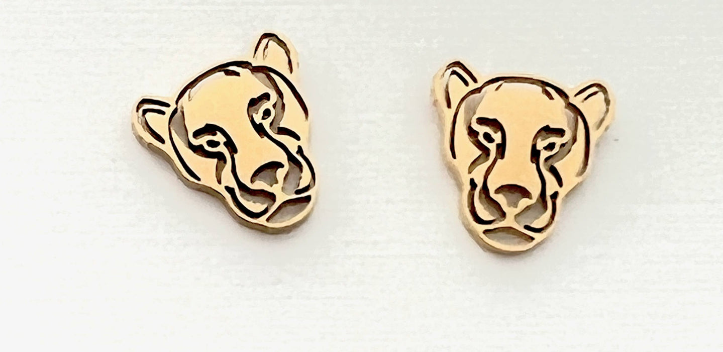 Panther Head Gold Stud Earrings. Hypoallergenic earring