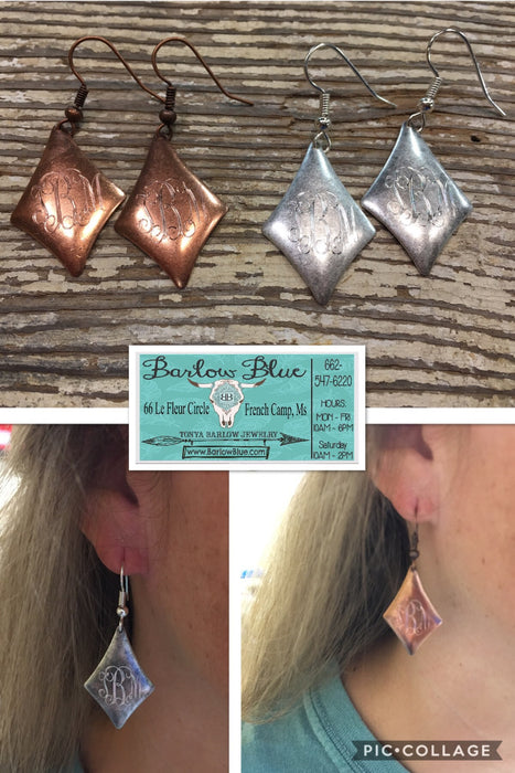 $4.99 SALE! Monogrammed Earrings. Diamond Shaped. Copper or Silver