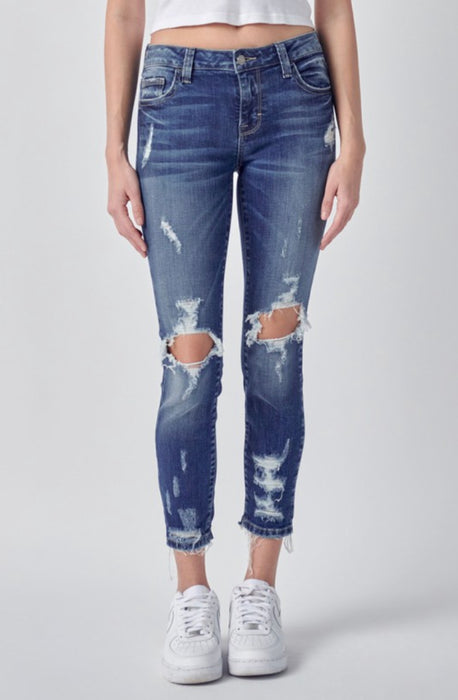 Distressed Cropped Skinny Jeans - Dark Denim by Cello.  Sizes 5