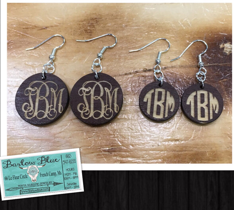 Monogrammed Wood Earrings.  50% OFF.