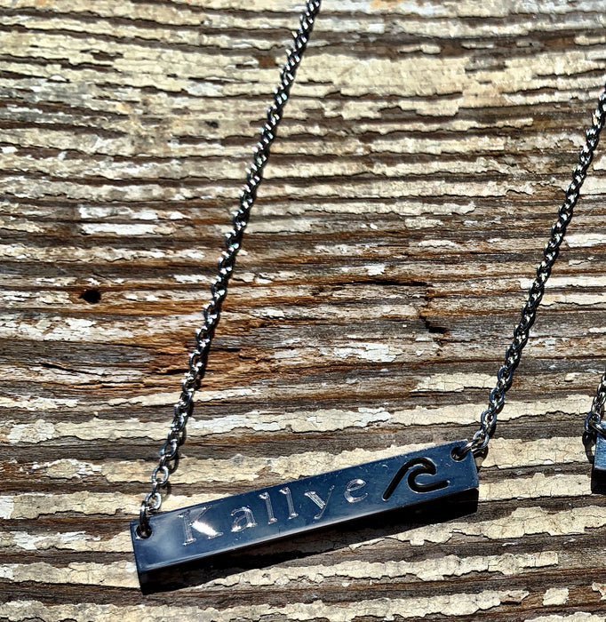 Silver Bar Necklace with a WAVE Cut Out. Custom Name or Text Included.