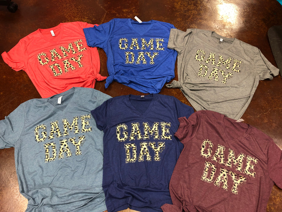 GAME DAY Leopard Print Graphic Tee on Bella Canvas V Neck Tee.