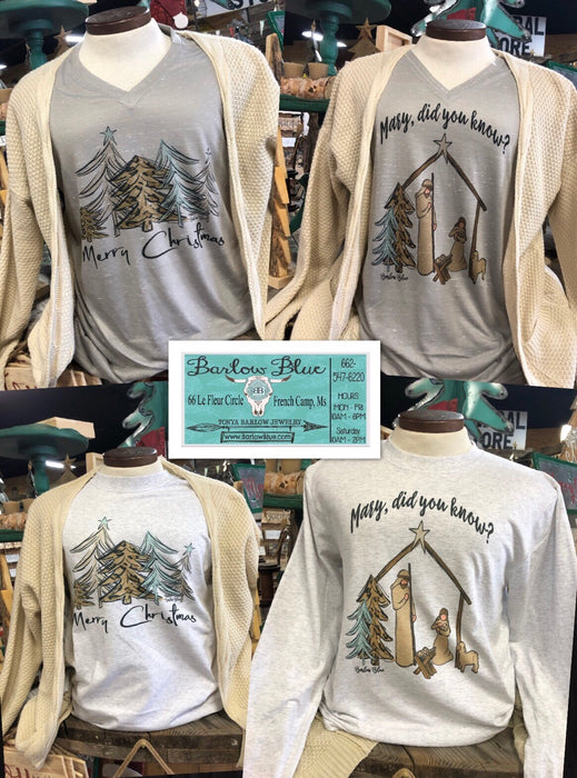 Christmas Tees with Leopard Print Accents. Bella Canvas Stone V Neck Shirts. P&C Brand Long Sleeve Shirts.