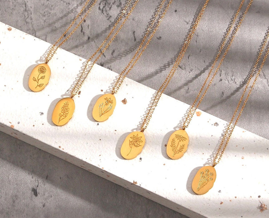 The Bloom Tag Necklace. Birth Month Flower Engraved Necklace.  18” Chain with Extender
