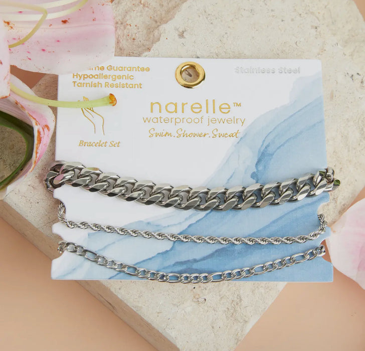 Waterproof Silver Figaro Chain Bracelet Set