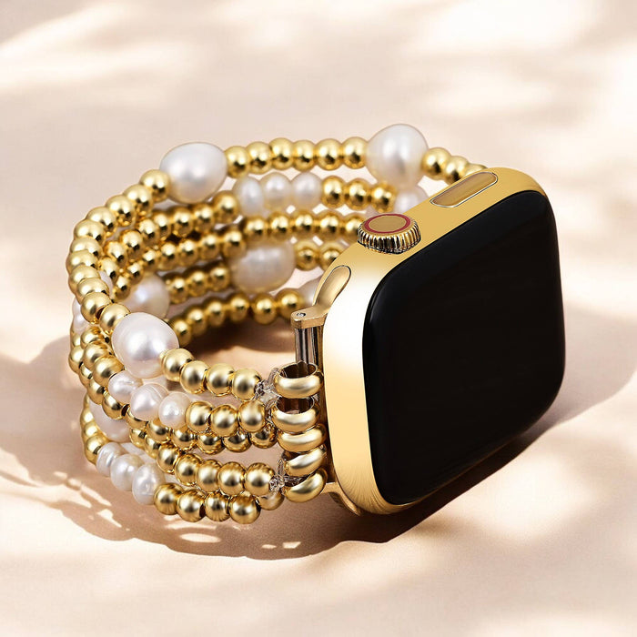 Gold and Pearl Stretch Apple Watch Bracelet Band Strap.  Water Resistant.  Compatible with 38mm - 45mm Watch Face.