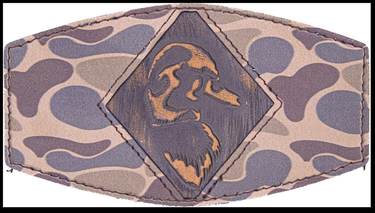 Mallard Old School Camo Brown Leather Patch Hat, 7-Panel Modern Flat Bill Cap.