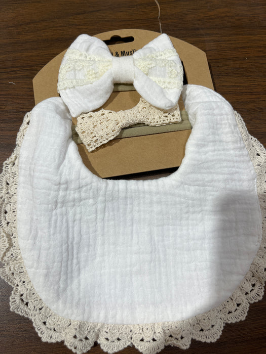 White Headband & Muslin Bib Set- Comes with One Bib and Two Headbands