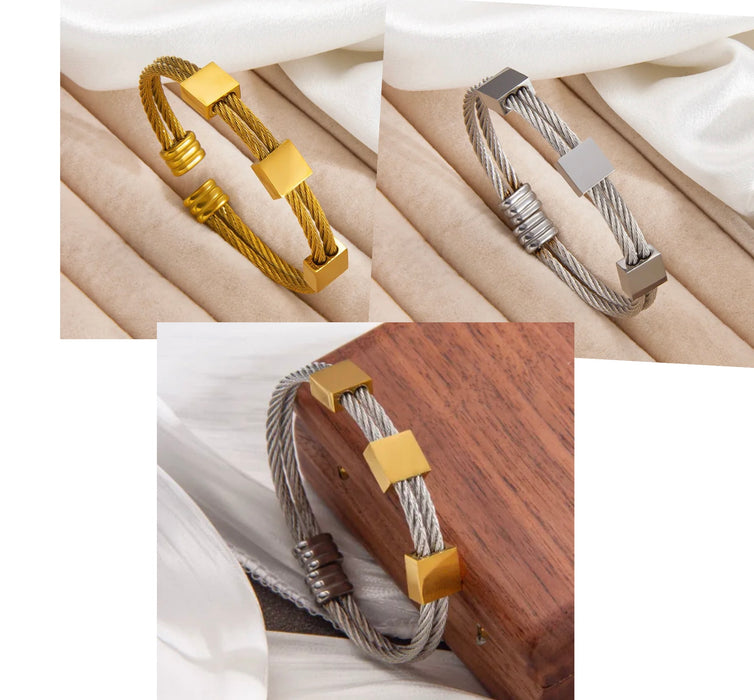 The Astra Bracelet – Stainless Steel Cable Cuff in Gold PVD