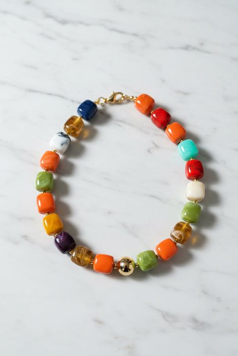 Corals & Pastels Chunky Beaded Necklace with Gold Ball in the Center
