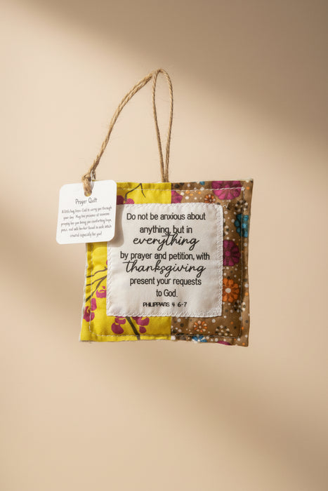 Square Pocket Prayer Quilt with a Wood Cross Inside.  Different Verses or Quotes Available.