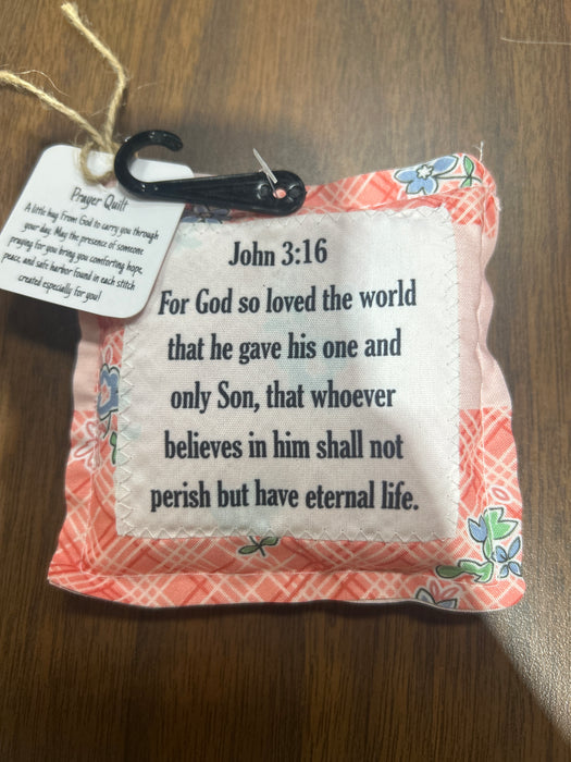 Square Pocket Prayer Quilt with a Wood Cross Inside.  Different Verses or Quotes Available.