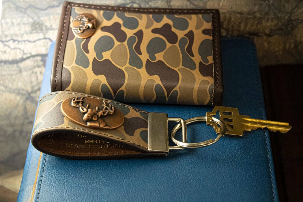 Buck Hunting Old School Camo Leather Loop Keychain