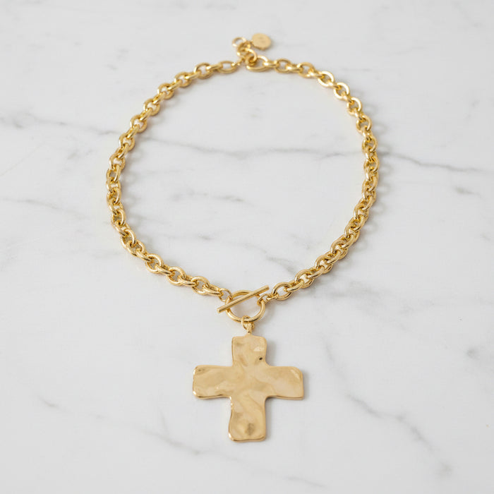 Gold Chain Link Necklace with Hammered Gold Cross