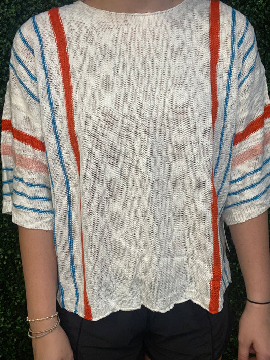 #1 White Sweater with Orange & Teal Stripes 3/4 Sleeves (REG/PLUS)