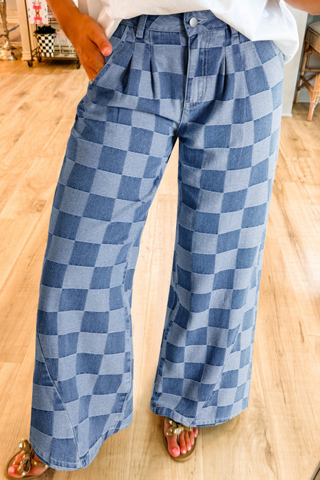 Dusk Blue Checkered Denim Wide Leg Pants