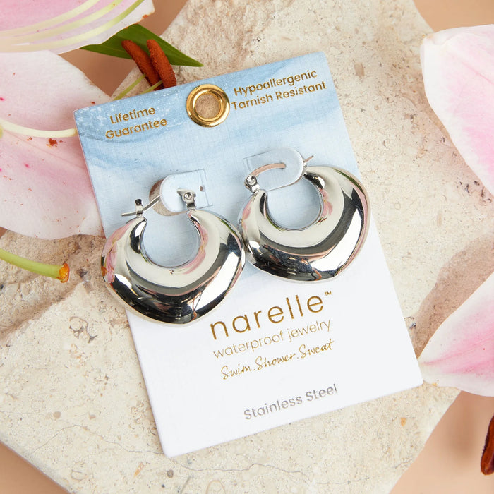 Silver Narelle Waterproof Round Geo Hoop Earrings