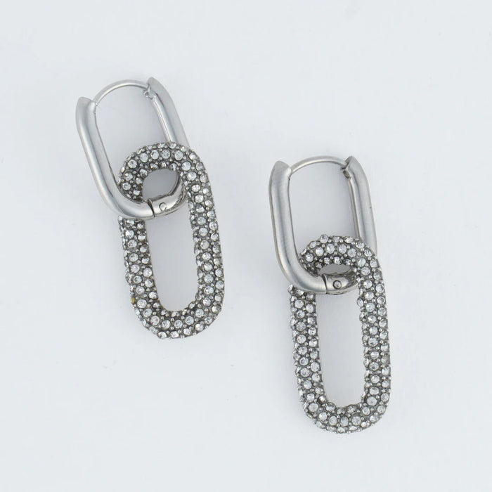 Double Pave Pin Catch Hoop Earring Silver