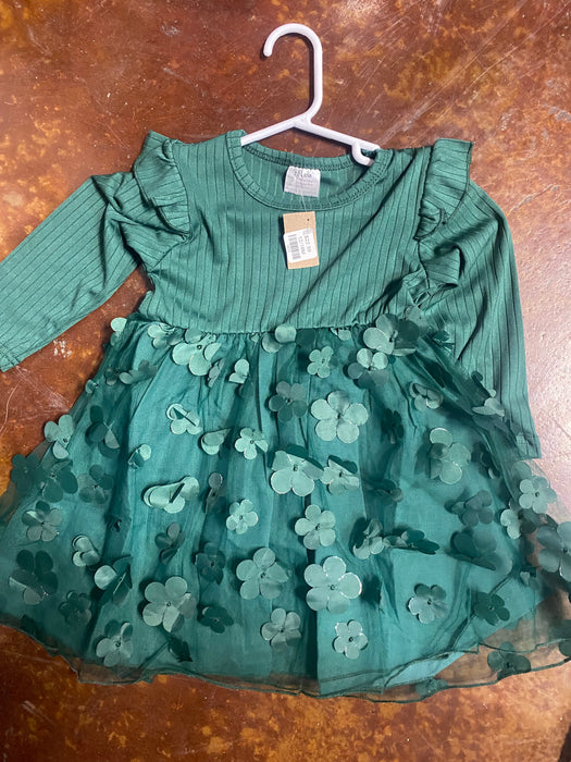 Gabby Green Dress for Toddlers & Girls.  Features a Mesh Skirt with Flowers. Size 4/5