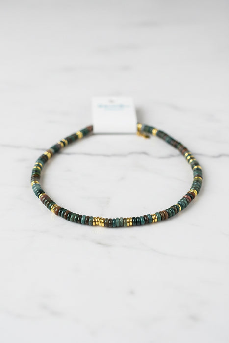 Shades of Dark Green Thin Beaded Necklace with Gold Accents