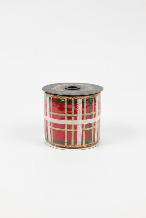 Embroidered Red, Gold, Green Plaid Dupion Fused Gold Metallic John Mark Ribbon: 4in wide x 5yd