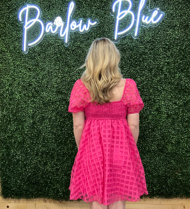 Pink Checkered Dress with Puff Sleeves