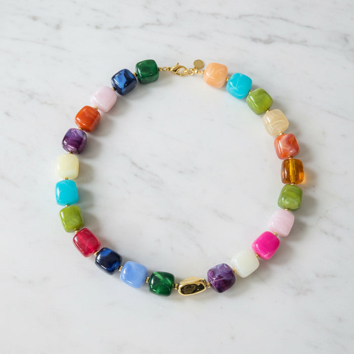 Multicolor & Gold Chunky Beaded Necklace with Gold Accent Piece