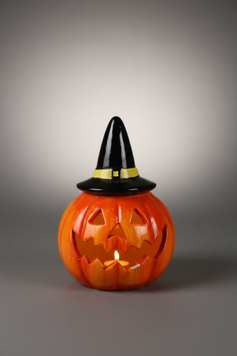 *Damaged* Smiley Face Ceramic Vintage Halloween Pumpkin Lantern w/ LED