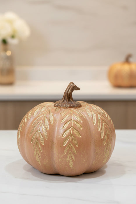 Resin Tabletop Wood Carved Look Light Brown Pumpkin