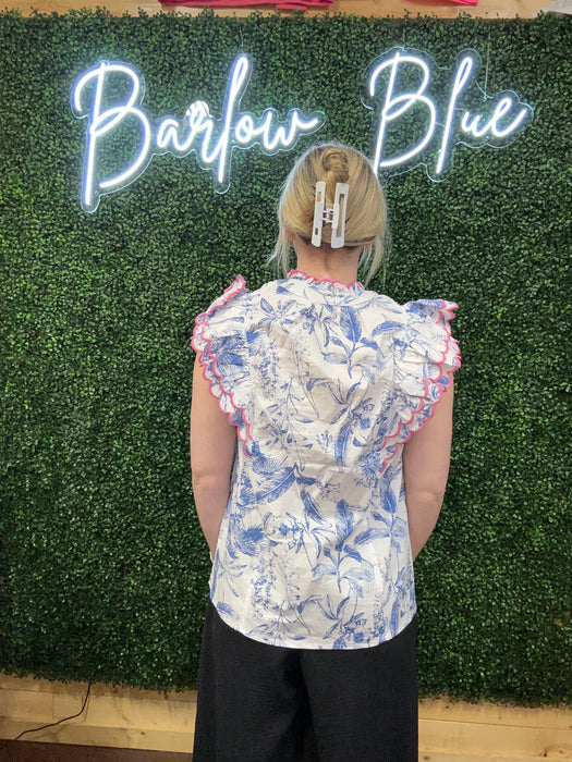 Blue & White Floral Top with Ruffle Sleeves and Pink Outline