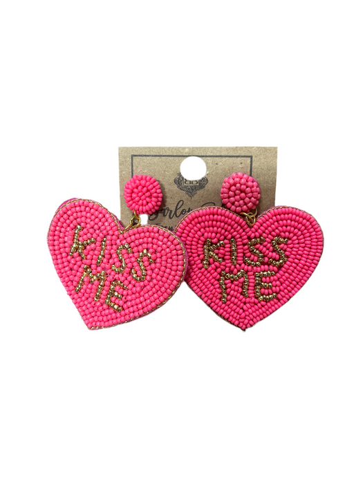 Pink beaded “Kiss Me” heart earrings